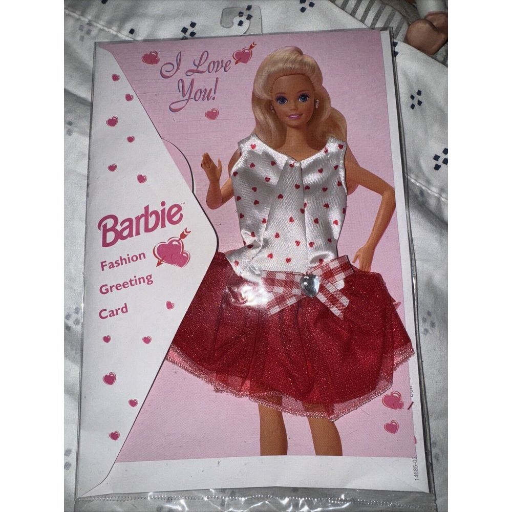 BARBIE GREETING CARD I LOVE YOU Valentines Day White‎ Dress Red Hearts Cupid VTG